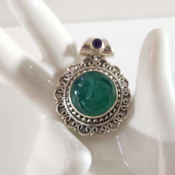 Green Onyx Carved Face Pendant with Amethyst Accent in Sterling Silver - Picture 8 of 13